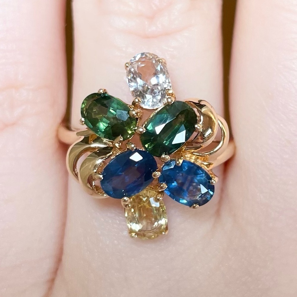 14K multicolor rainbow Genuine Sapphire oval cut cluster gold ring .
